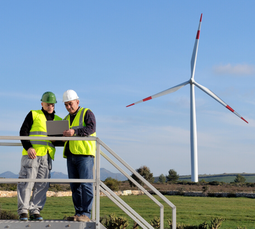 workers looking at laptop by wind turbine